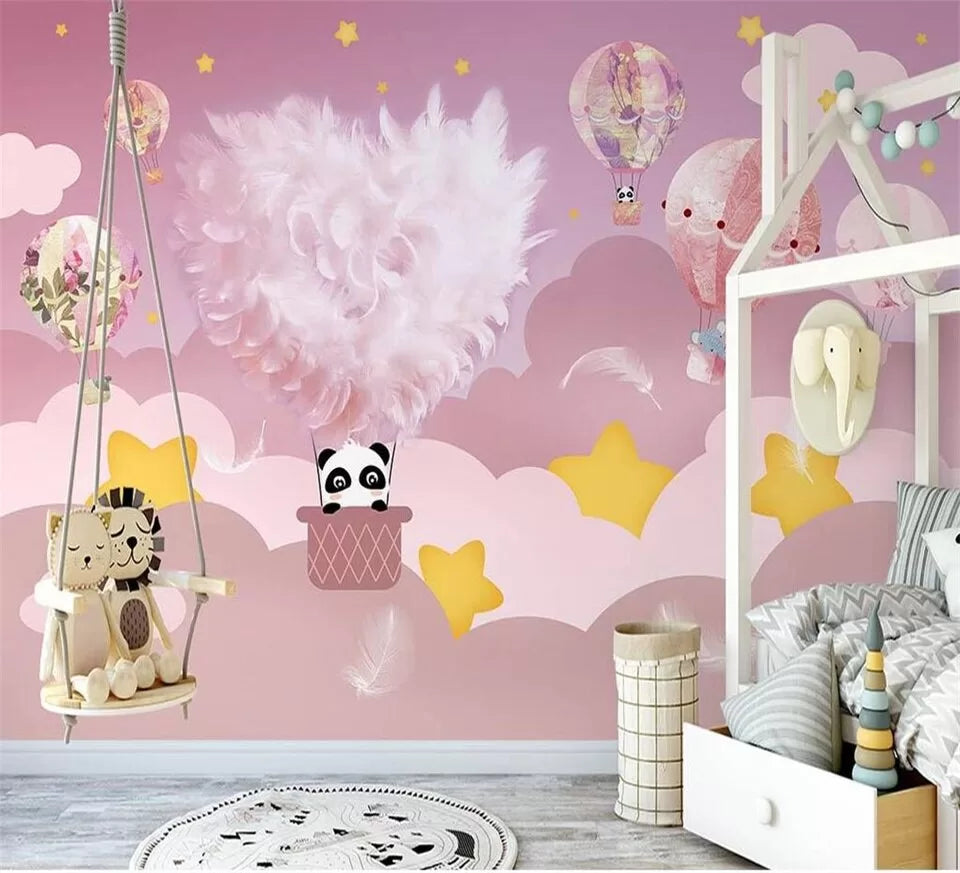 Child&#39;s wallpaper with pink starry sky and hot air balloons