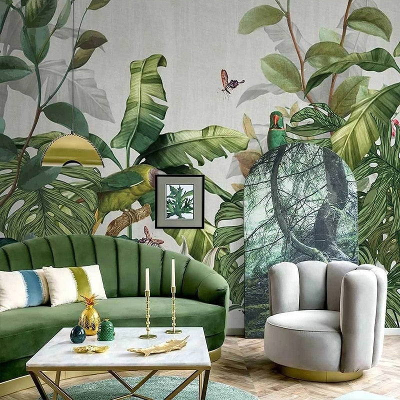 Papier peint jungle tropicale panoramique avec perroquets