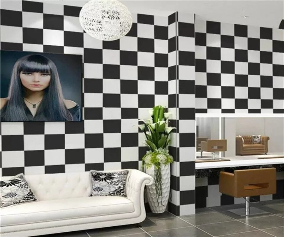 Panoramic black and white checkerboard wallpaper
