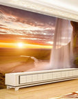 Panoramic wallpaper waterfall and sunset