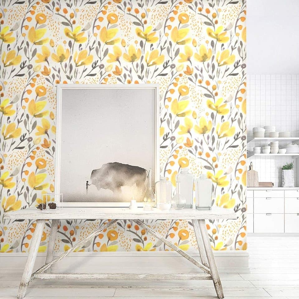 Modern floral wallpaper yellow