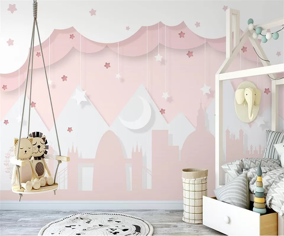 Child&#39;s wallpaper with pink clouds and stars