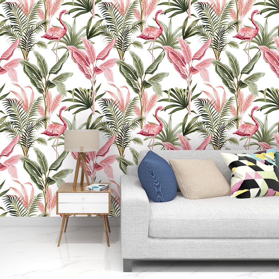 Palm leaf and flamingos wallpaper