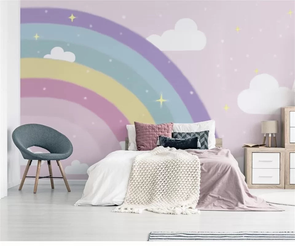 Child&#39;s wallpaper with rainbow and clouds