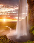 Panoramic wallpaper waterfall and sunset