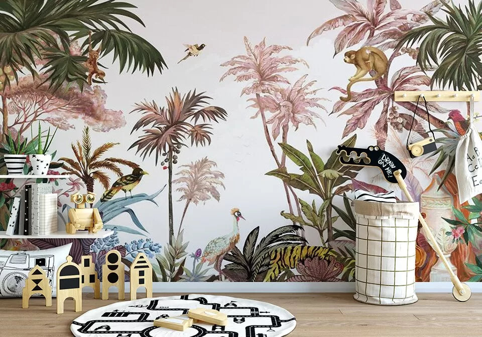 Tropical jungle and animals panoramic wallpaper