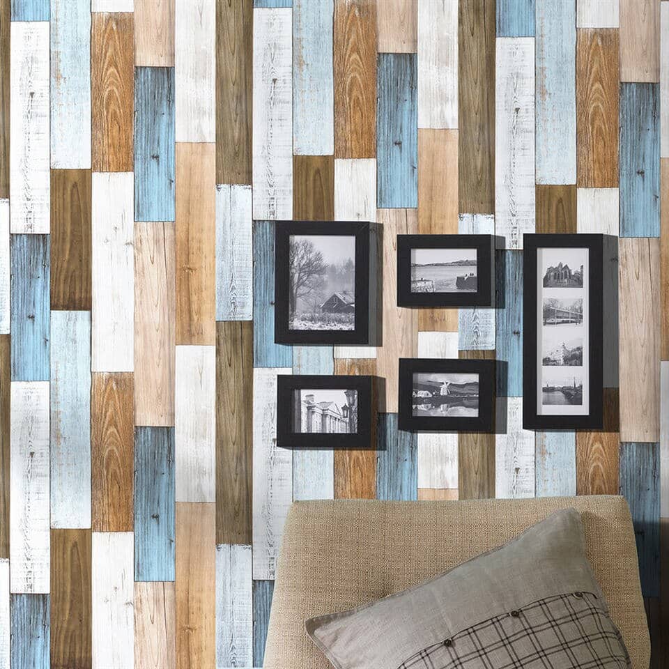 Brown-blue-and-white wood planks wallpaper