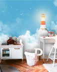 Child's wallpaper with a lighthouse in the clouds