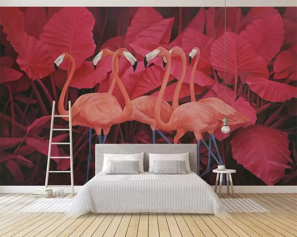 Red tropical plants and pink flamingos wallpaper