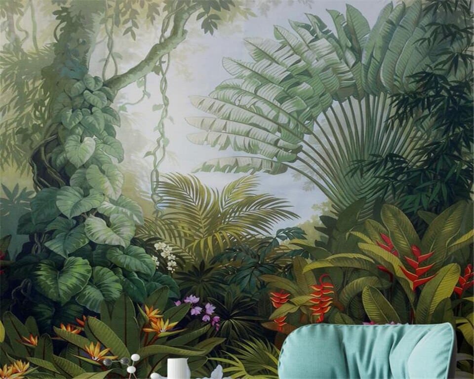 Dense vintage tropical foliage wallpaper
