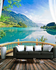 Balcony view of lake and mountains wallpaper