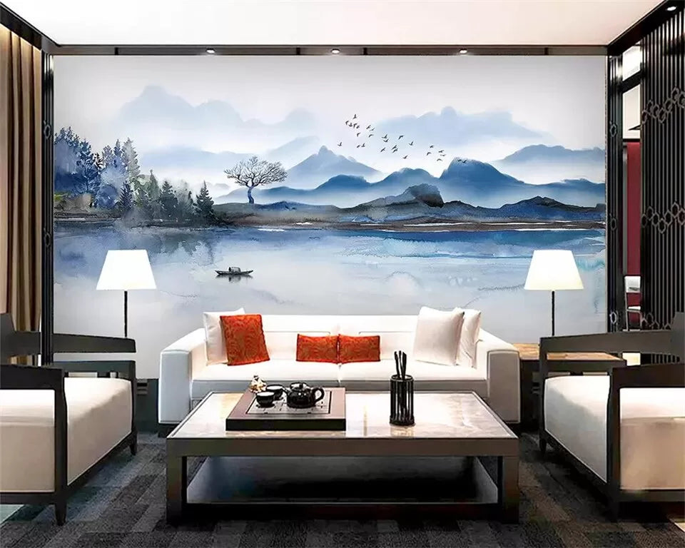 Papier peint paysage japonais lac et montagnes