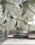 Khaki green tropical foliage wallpaper