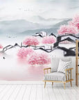 Japanese wallpaper fishermen's huts and cherry blossoms