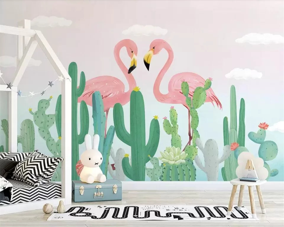Papier peint pour enfant avec des cactus et des flamants roses