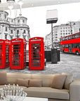 Panoramic wallpaper telephone booths and red buses in London