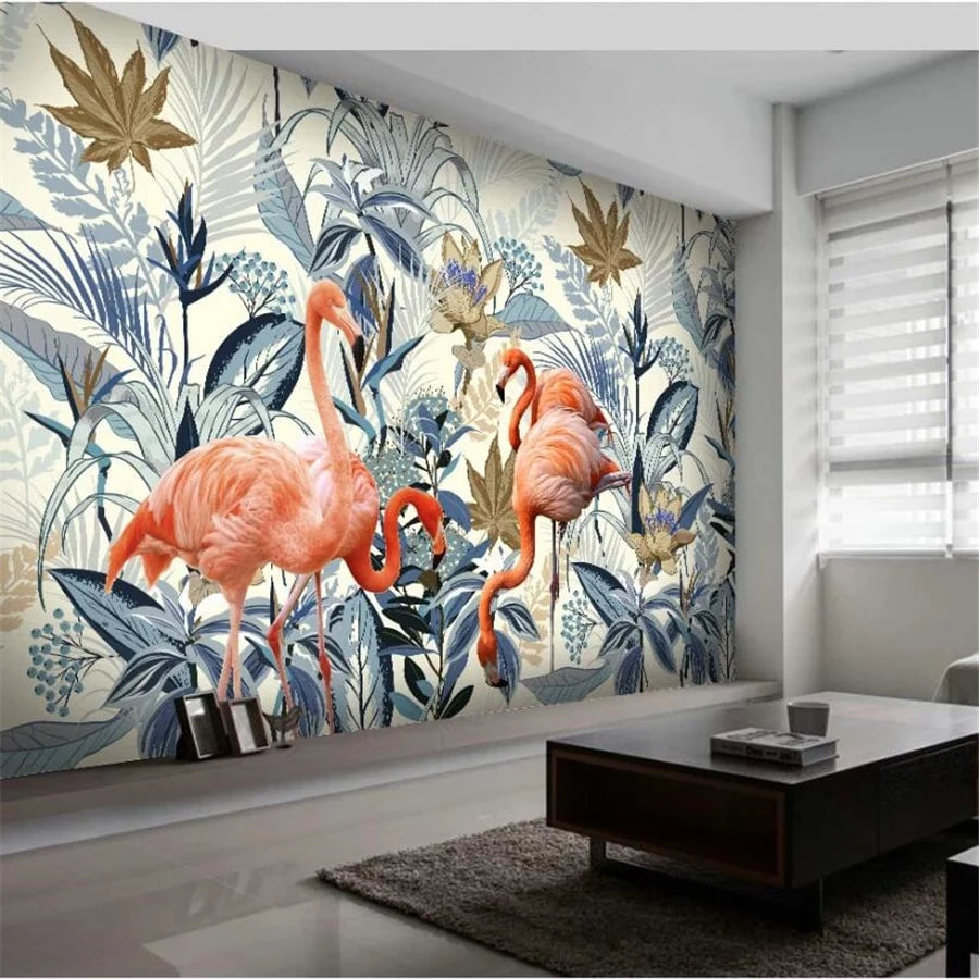 Tropical plants and two pink flamingos wallpaper