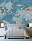 Child's world map with airplanes and hot air balloons wallpaper