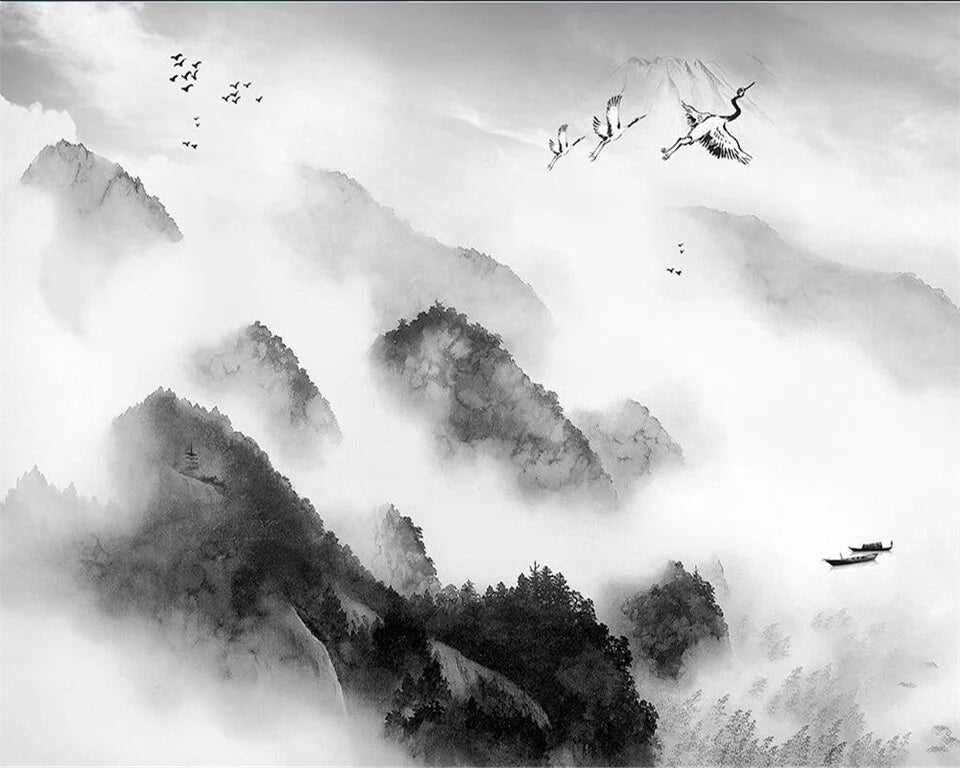 Panoramic black and white mountains and mist wallpaper
