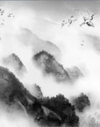 Panoramic black and white mountains and mist wallpaper