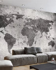 Panoramic world map wallpaper with a cement effect