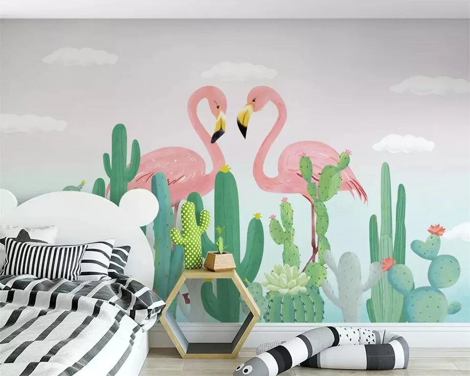 Child&#39;s wallpaper with cacti and flamingos