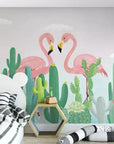 Child's wallpaper with cacti and flamingos