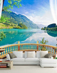 Balcony view of lake and mountains wallpaper