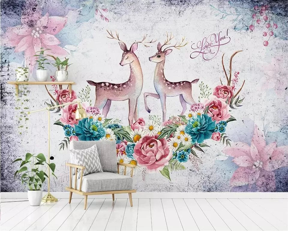 Child&#39;s wallpaper with a floral design with deer and stag