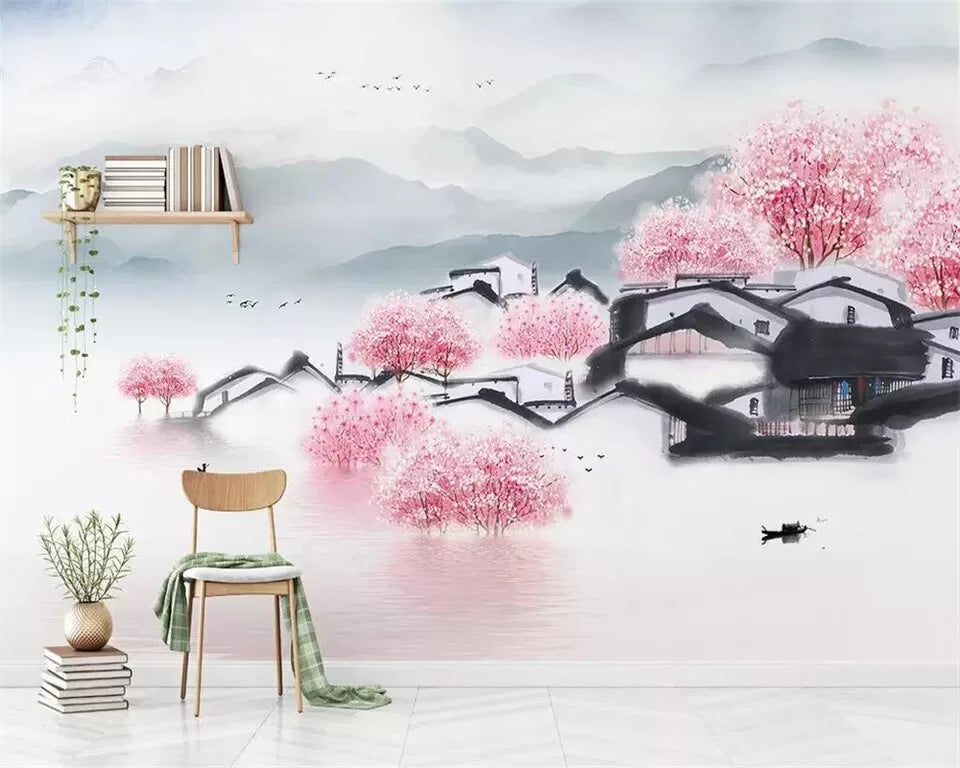 Papier peint japonais cabanes de pêcheurs et fleurs de cerisier