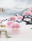 Papier peint japonais cabanes de pêcheurs et fleurs de cerisier
