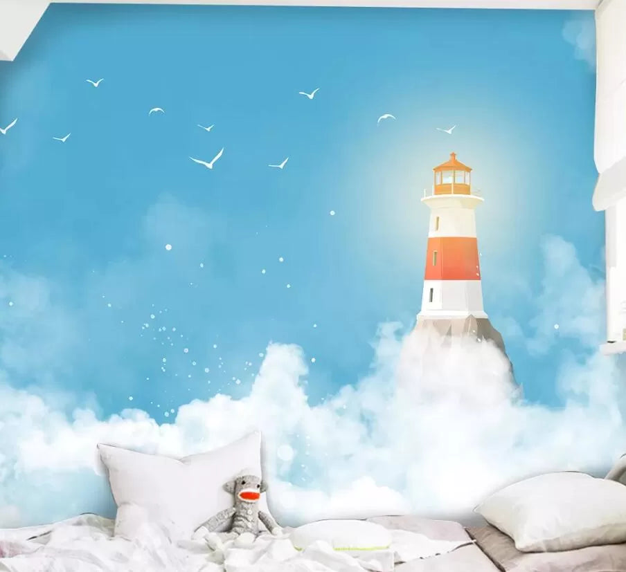 Child&#39;s wallpaper with a lighthouse in the clouds