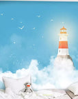 Child's wallpaper with a lighthouse in the clouds