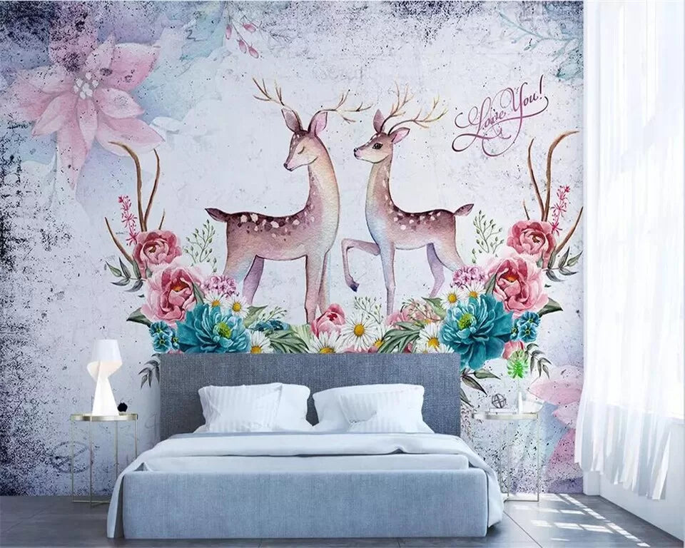 Child&#39;s wallpaper with a floral design with deer and stag