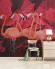 Red tropical plants and pink flamingos wallpaper