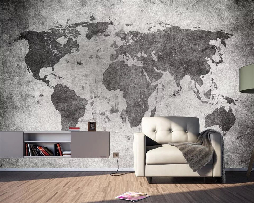 Panoramic world map wallpaper with a cement effect