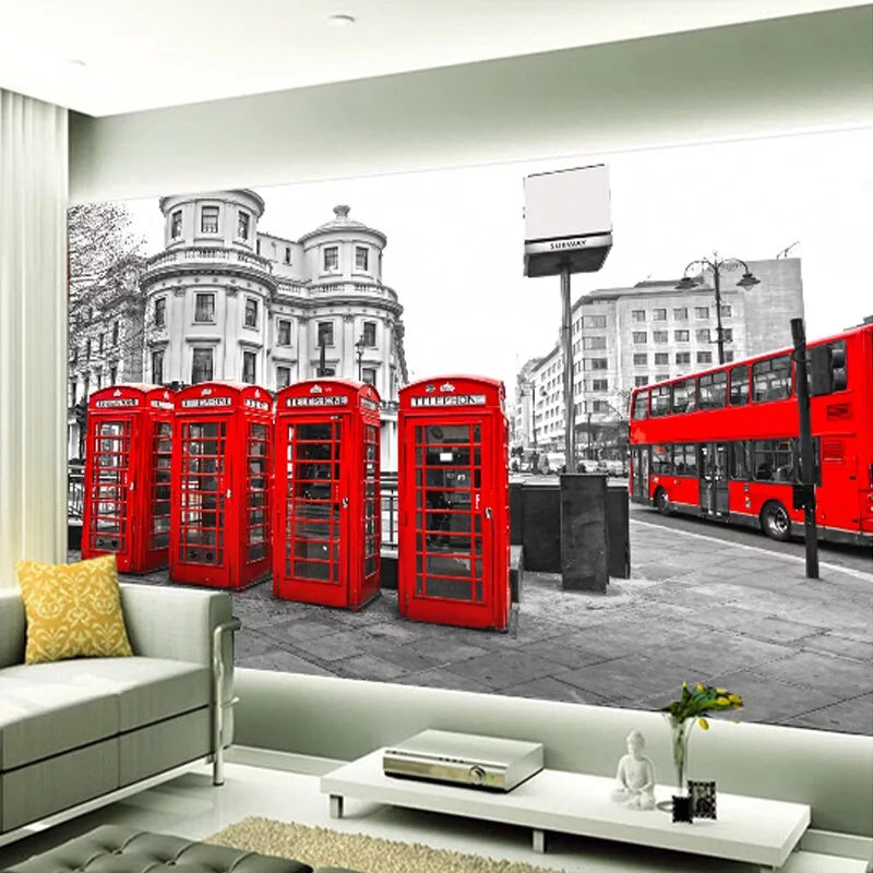 Panoramic wallpaper telephone booths and red buses in London