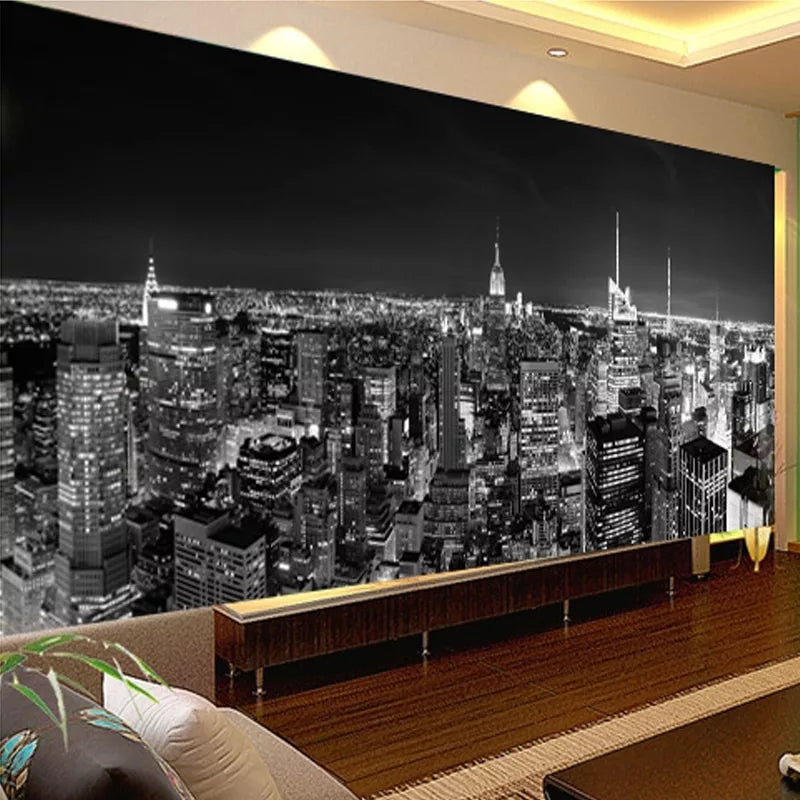 Panoramic black and white New York at night wallpaper