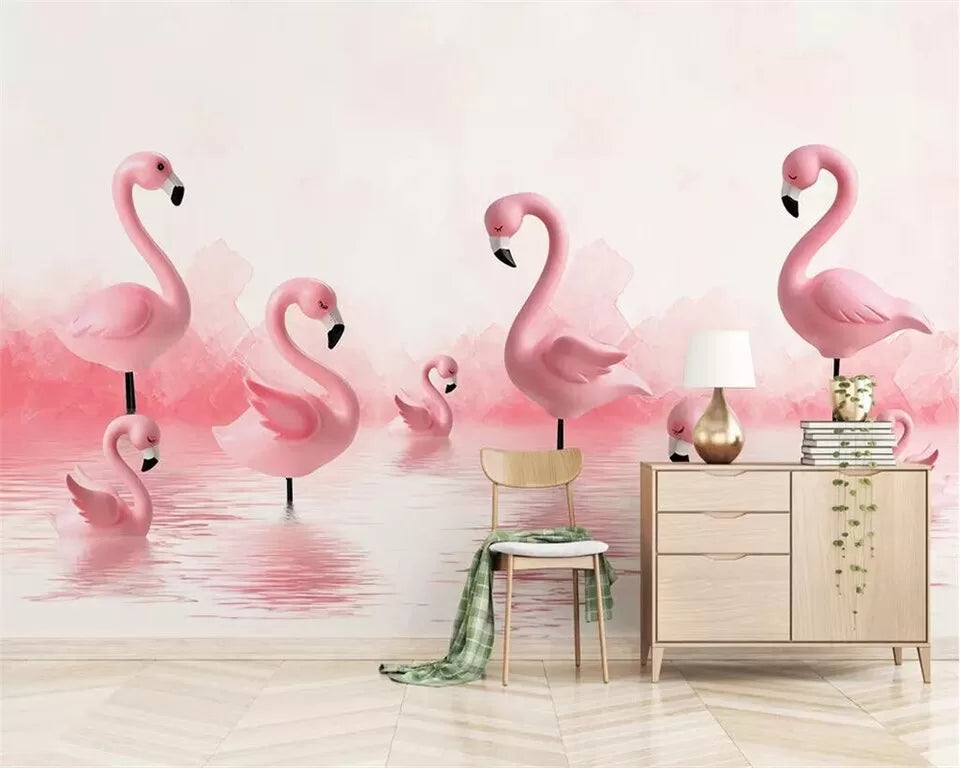 Child&#39;s wallpaper with flamingos in the water