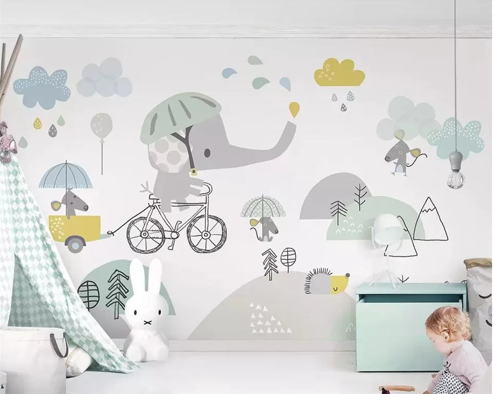 Child&#39;s little elephant on a bicycle wallpaper