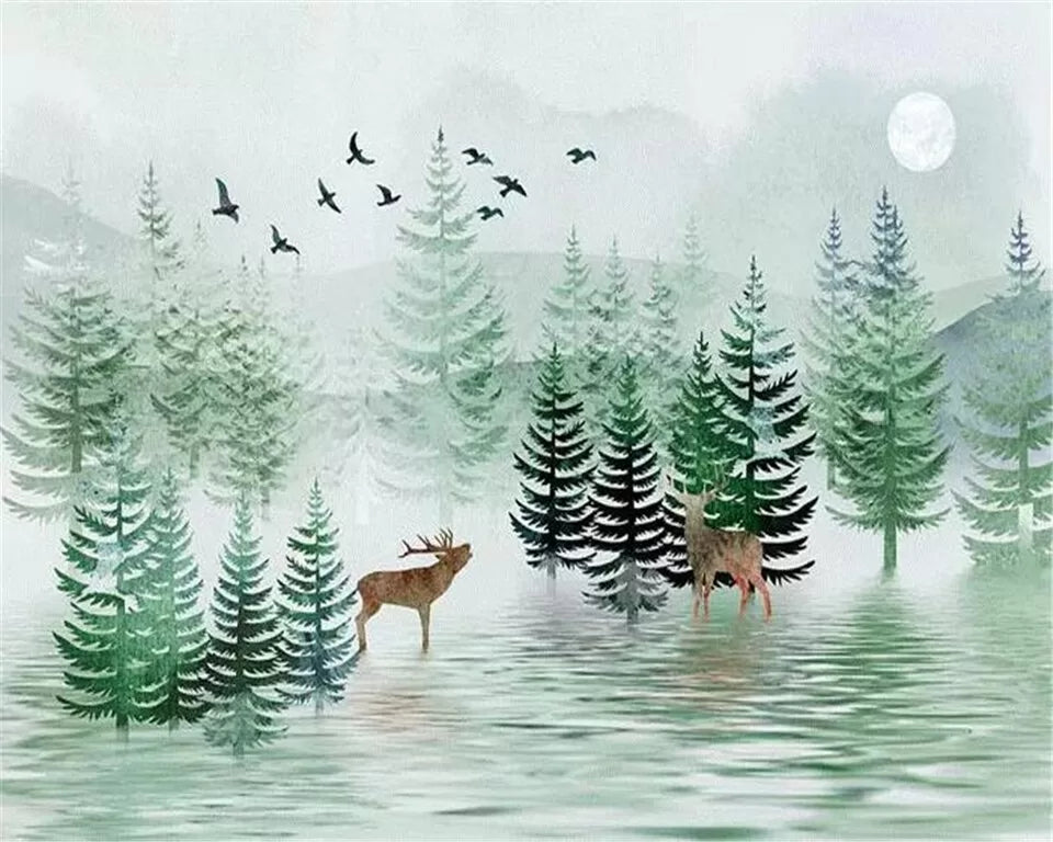 Child&#39;s wallpaper with a fir forest and deer