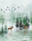Child's wallpaper with a fir forest and deer