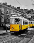 Yellow tramway on a black and white street wallpaper