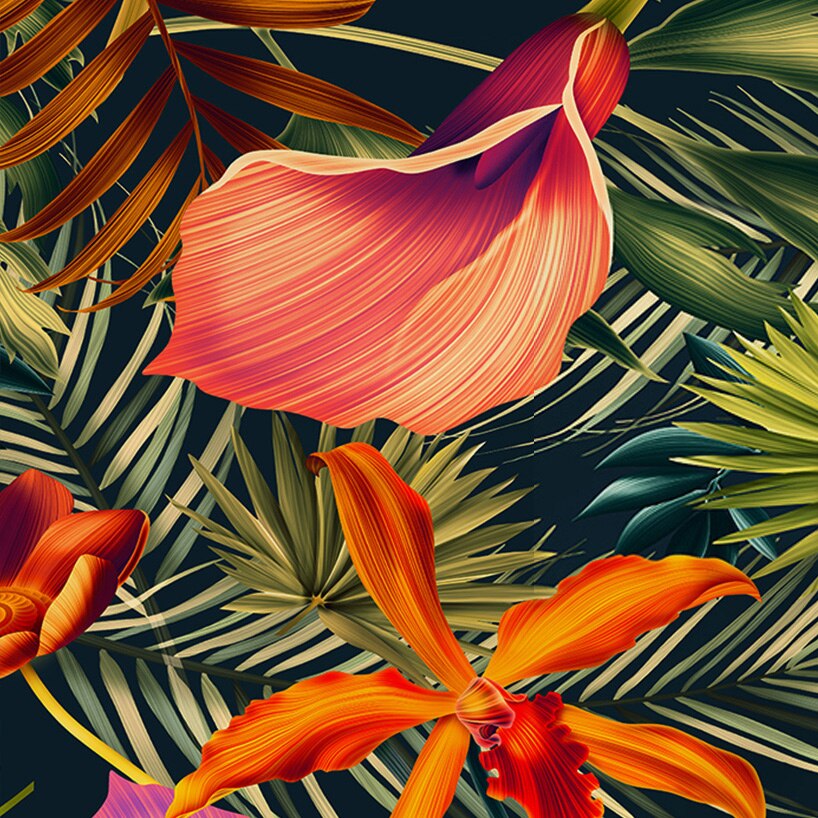 Flowery jungle foliage wallpaper