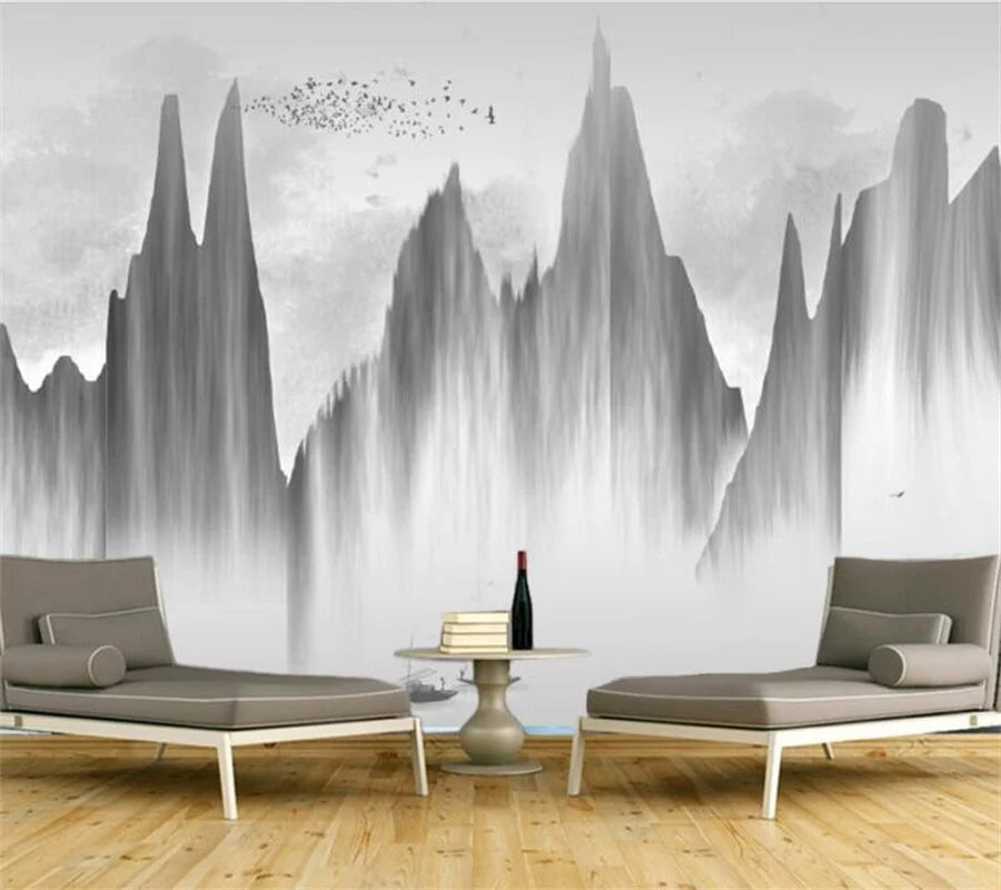 Papier peint montagne abstrait noir et blanc