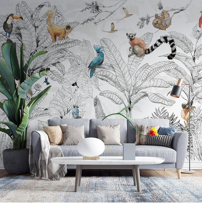 Black and white wallpaper tropical forest and colorful animals