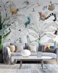Papier peint noir et blanc forêt tropicale et animaux colorés