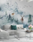 Papier peint forêt enneigée scandinave et animaux