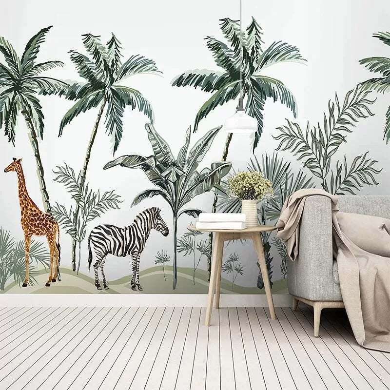 Papier peint jungle tropicale avec léopard, zèbre et girafe