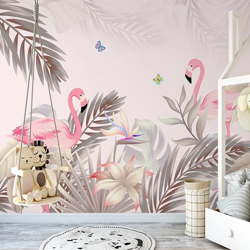 Tropical plants and pink flamingos wallpaper